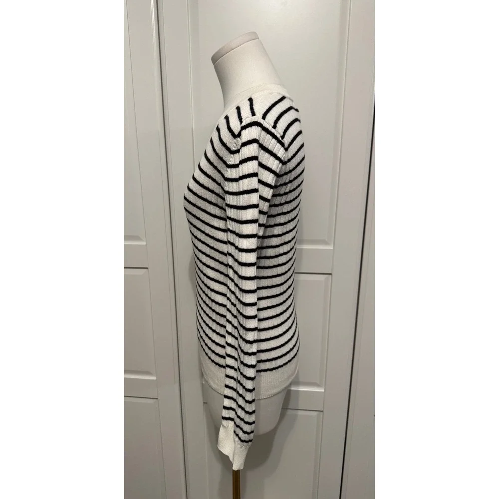Lauren Ralph Lauren Striped Ribbed V-Neck Sweater Cotton Lock Clasp Detail XS